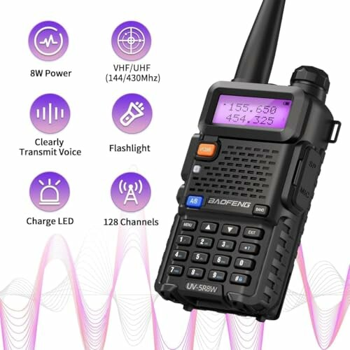 Baofeng UV-5R8W radio with features highlighted: 8W power, VHF/UHF, clear voice, flashlight, charge LED, 128 channels.