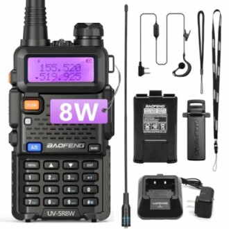 Baofeng UV-5R8W radio kit with accessories including charger, antenna, and earpiece.