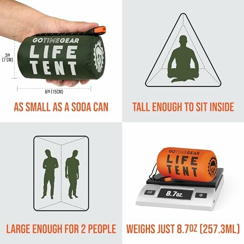 Compact life tent with size details and weight.