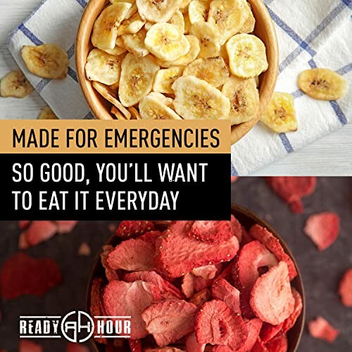 Two bowls of dried fruit chips with text about emergency use.