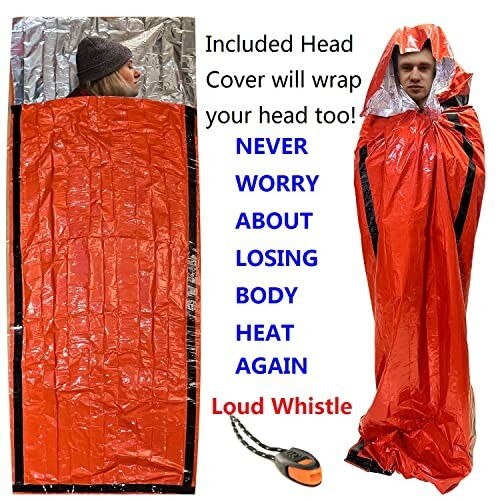 Emergency survival sleeping bag with head cover and whistle.