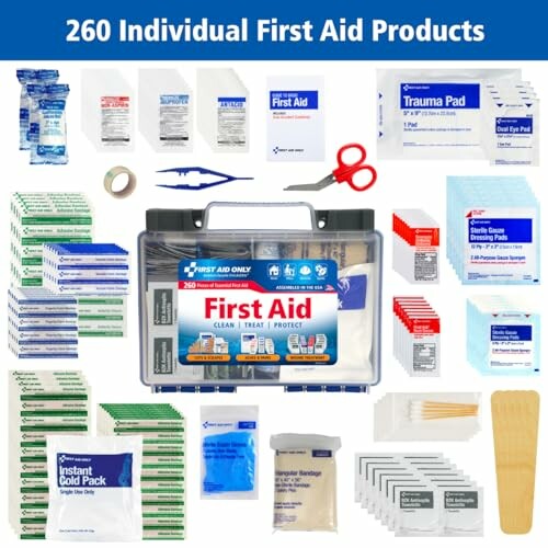 Comprehensive first aid kit with 260 items including bandages, scissors, and ice pack.