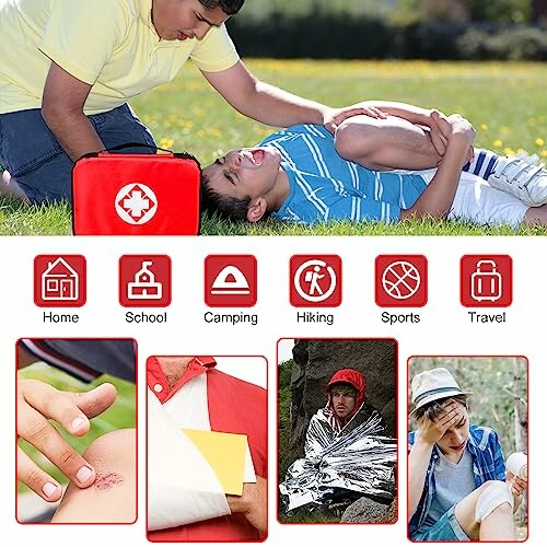 Boy receiving first aid outdoors with first aid kit, icons of various uses below.