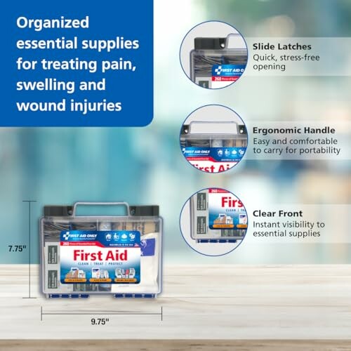 First aid kit with clear front, ergonomic handle, and slide latches for treating injuries.