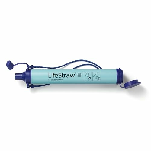 LifeStraw personal water filter with blue caps and instructions