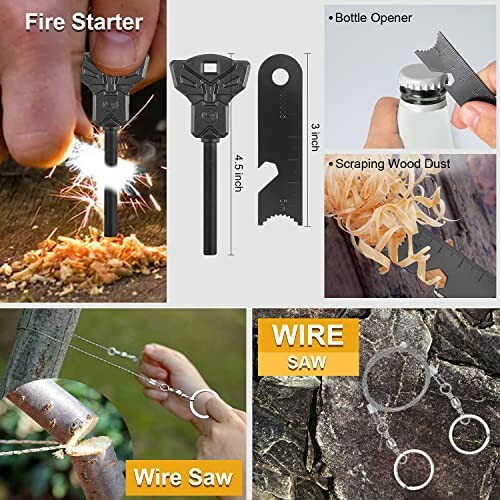 Multi-tool keychain with fire starter, bottle opener, wood scraper, and wire saw.