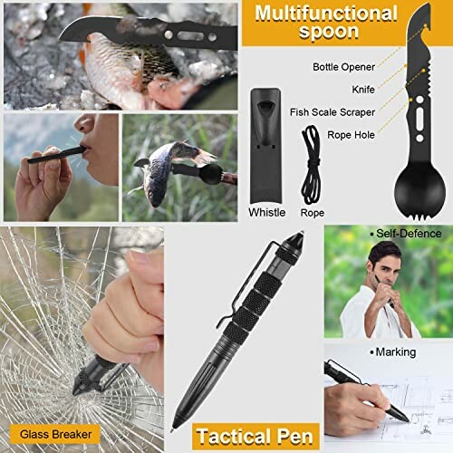 Multifunctional spoon with knife, bottle opener, fish scale scraper, and tactical pen for self-defense and glass breaking.