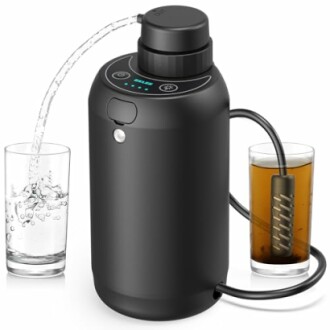 Portable electric water pump dispensing water into glasses.