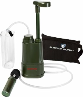 Portable water filter pump with accessories and carrying case.