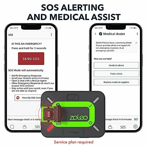 Mobile devices showing SOS alerting and medical assist features with Zoleo device.