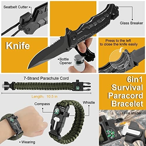 Multi-functional survival knife and paracord bracelet with features like seatbelt cutter, glass breaker, and compass.