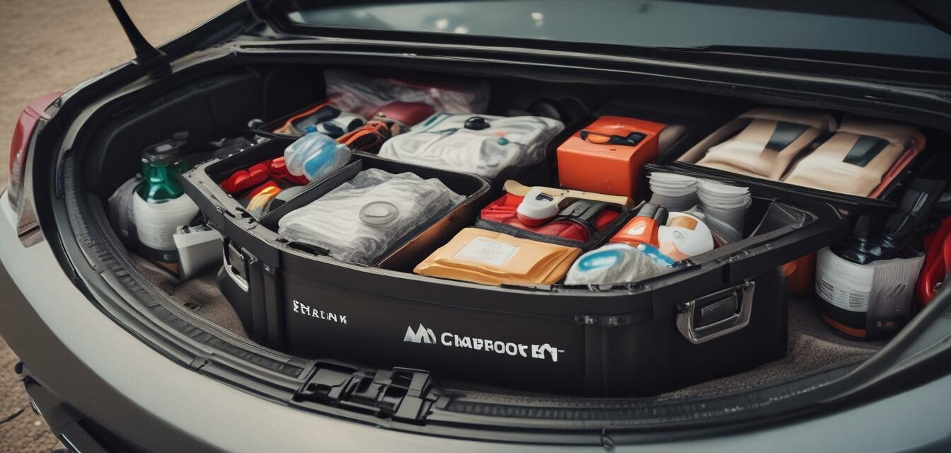 Vehicle emergency kit stored in a car trunk