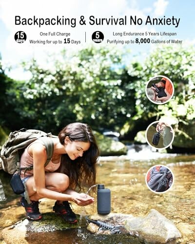 Person using portable water purifier by a stream during a backpacking trip.