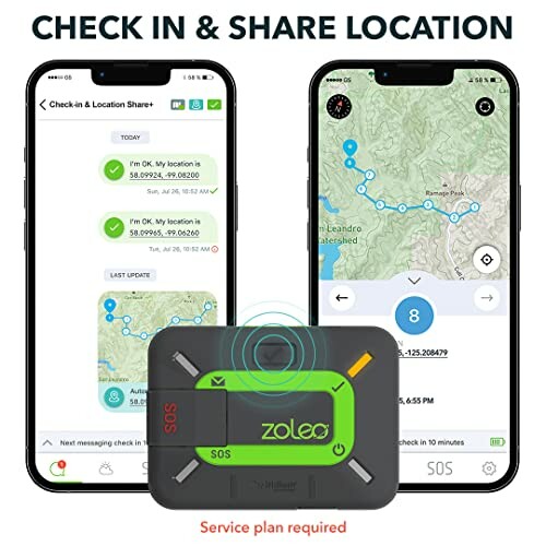 Zoleo device with app showing check-in and location sharing features on smartphone screens.